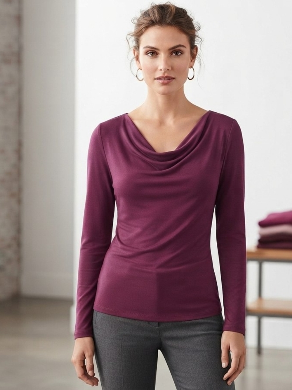 Ann Taylor Draped Cowl Neck Long-Sleeve Top - Plum